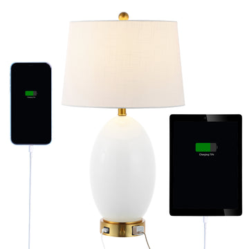 Reese Contemporary Style Iron/Glass LED Table Lamp with USB Charging Port - JONATHAN Y